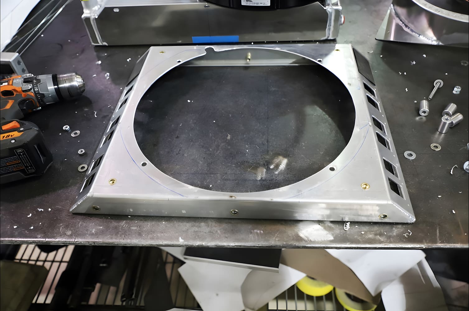 Corvette Custom aluminum fan shroud panel prepped for mounting to radiator core support