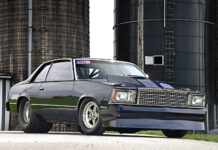 Street/Strip 81 Malibu drag car cowl hood Weld Racing wheels slick tires rural farm backdrop