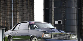 Street/Strip 81 Malibu drag car cowl hood Weld Racing wheels slick tires rural farm backdrop