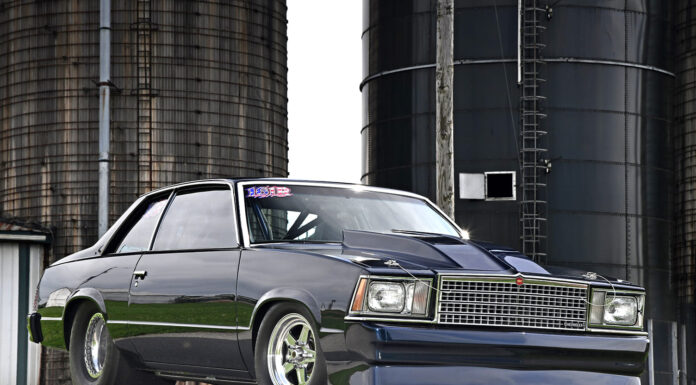 Street/Strip 81 Malibu drag car cowl hood Weld Racing wheels slick tires rural farm backdrop