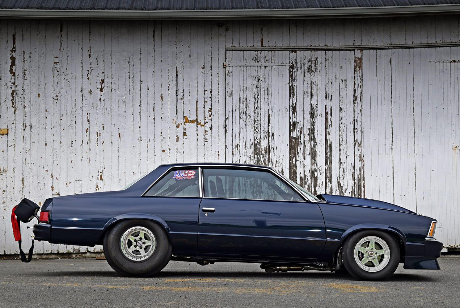 1981 Chev Malibu Street/Strip side profile lowered suspension five spoke wheels drag radial front tires