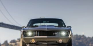 1969 Chevrolet Camaro Z28 front view halo headlights Z28 grille badge carbon front lip
