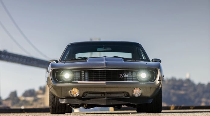 1969 Chevrolet Camaro Z28 front view halo headlights Z28 grille badge carbon front lip