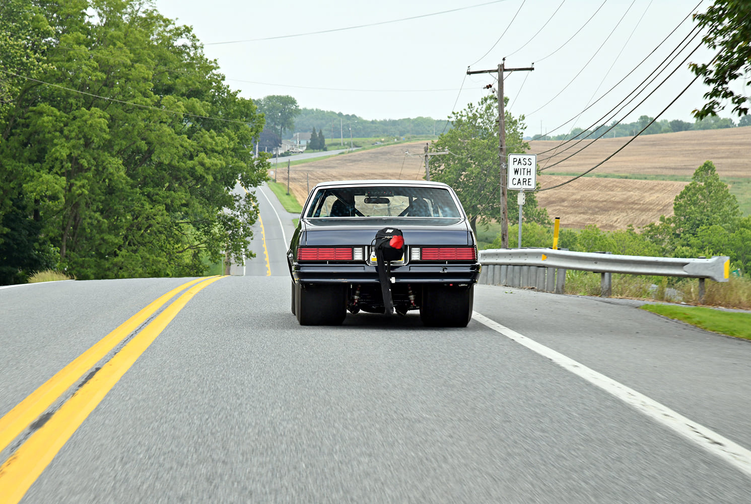 81 Malibu rolling shot drag slicks wheelie bar countryside highway