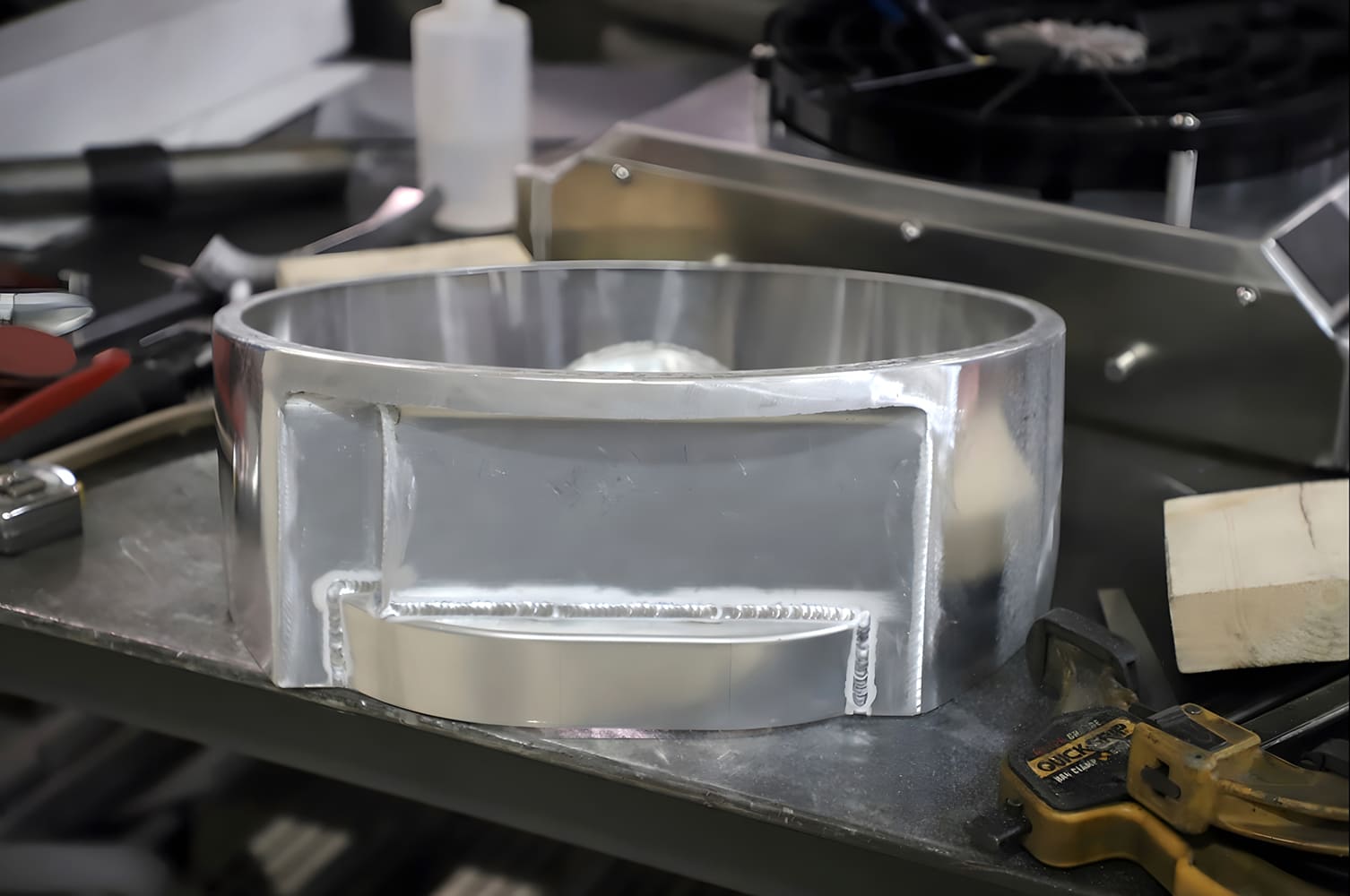 Corvette custom shroud complex shape test fit on bench showing detailed fabrication contours