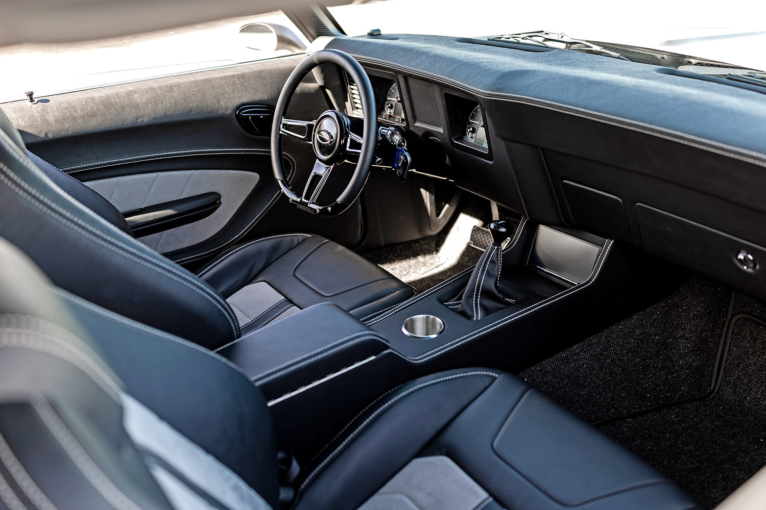 69 pro-touring camaro custom interior black leather seats center console manual shifter