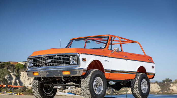 Carson Braga’s Hogan Built 1972 K5 Blazer 72 K5 Blazer lifted suspension low angle front view classic Chevy grille