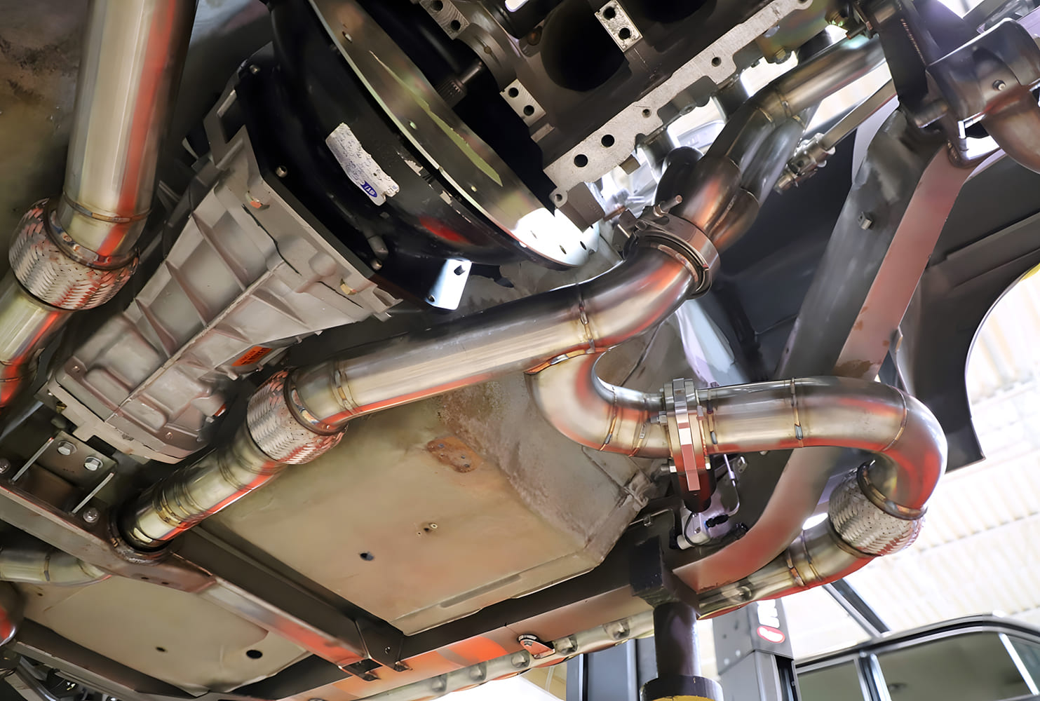 1965 Chevy Corvette Transmission and crossover section show v band clamps and flex joints in detailed fabrication
