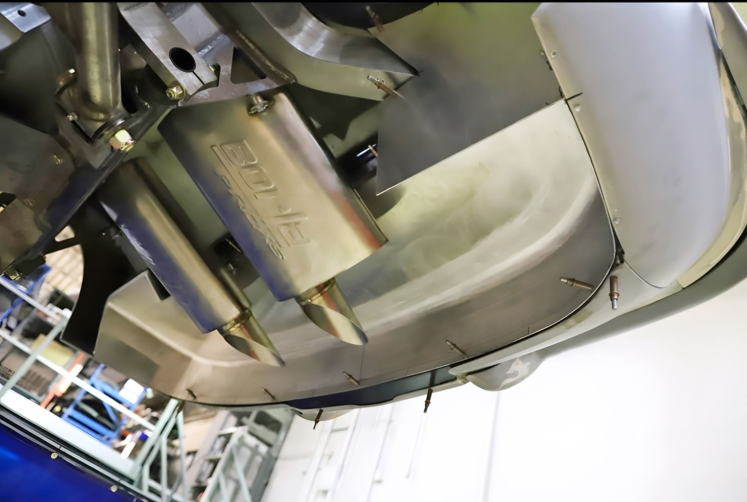 corvette custom dual borla mufflers test fit within fabricated rear panel for final mockup