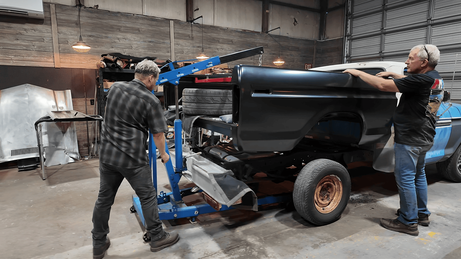 dentside ford bed installation with engine hoist to frame