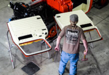 1955 Chevy 3100 doors removed during restoration shop rebuild process