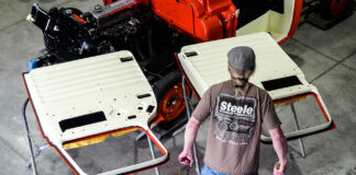1955 Chevy 3100 doors removed during restoration shop rebuild process