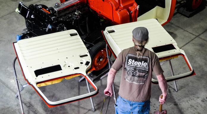 1955 Chevy 3100 doors removed during restoration shop rebuild process