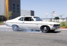 69 chevrolet nova brake test side view tire smoke street driving action