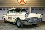1957 Chevrolet 210 gasser Squirrel Town Screamer front three quarter vintage drag car cream paint