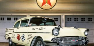 1957 Chevrolet 210 gasser Squirrel Town Screamer front three quarter vintage drag car cream paint