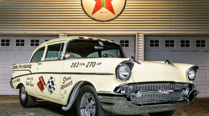1957 Chevrolet 210 gasser Squirrel Town Screamer front three quarter vintage drag car cream paint