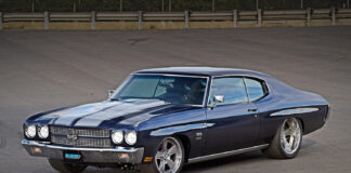 1970 Chevrolet Chevelle SS 396 blue pro touring front three quarter view custom wheels stripes