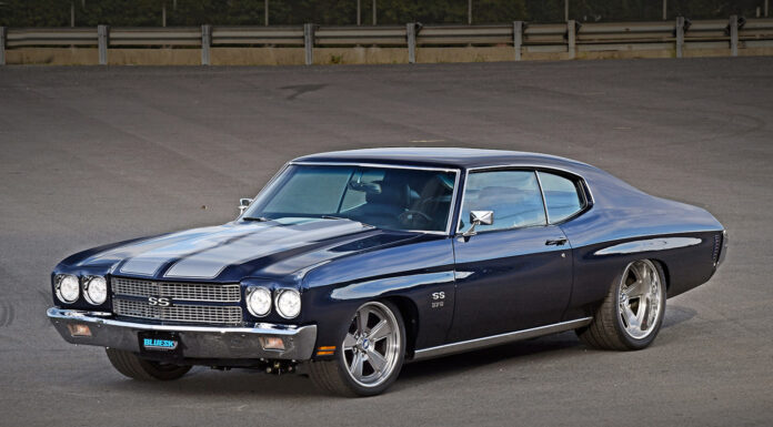 1970 Chevelle SS Street Machine 1970 Chevrolet Chevelle SS 396 blue pro touring front three quarter view custom wheels stripes