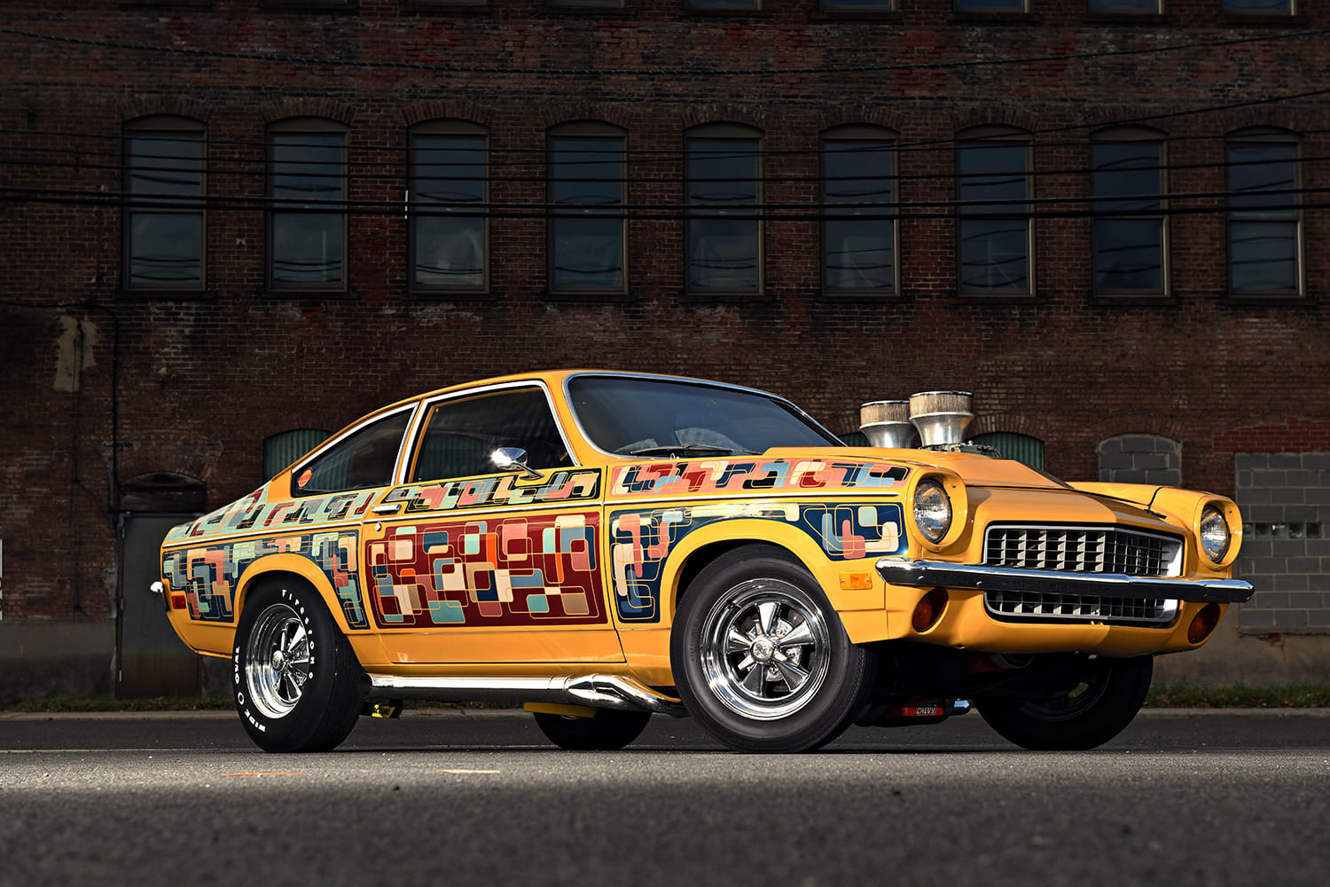 1971 Chevrolet Vega custom drag car yellow retro graphics side profile dual carb hood scoop