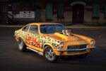 Chevy Vega Street Freak 1971 Chevrolet Vega custom drag car front three quarter view yellow paint chrome wheels hood scoop