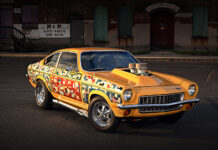 1971 Chevrolet Vega custom drag car front three quarter view yellow paint chrome wheels hood scoop