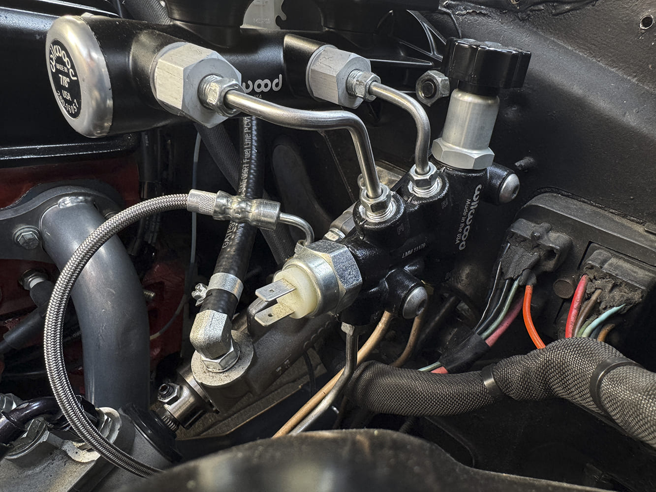 wilwood proportioning valve installed engine bay brake lines plumbing detail