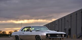 1969 Chevrolet Camaro custom side three quarter silver paint wide tires pro touring muscle car