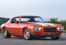 2nd-gen camaro z28 custom orange front angle headlights on aggressive pro touring stance detail