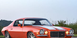 2nd-gen camaro z28 custom orange front angle headlights on aggressive pro touring stance detail
