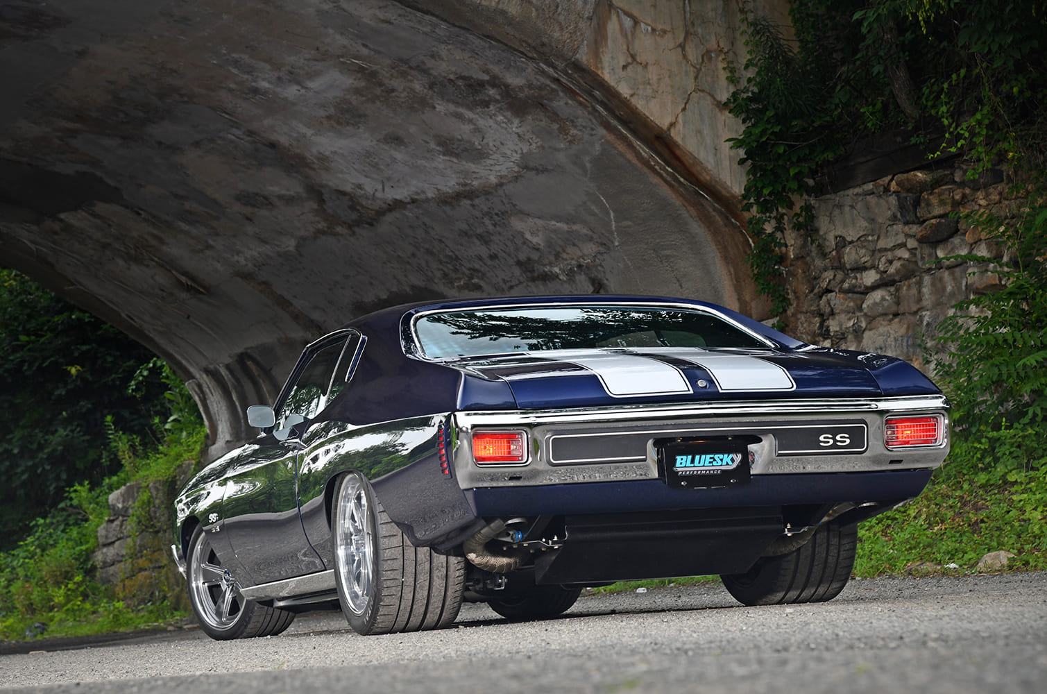 003 1970 Chevrolet Chevelle SS 396 blue pro touring rear view underpass custom wheels exhaust