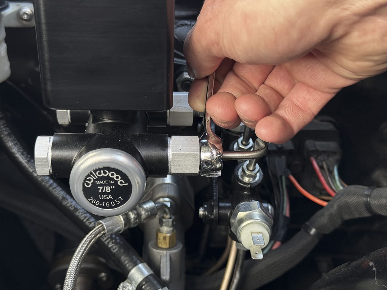 tightening brake line fitting wilwood proportioning valve engine bay install