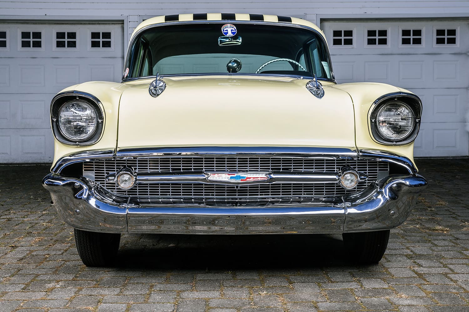 57 Chevrolet 210 front view chrome grille classic 1950s drag car nose high stance