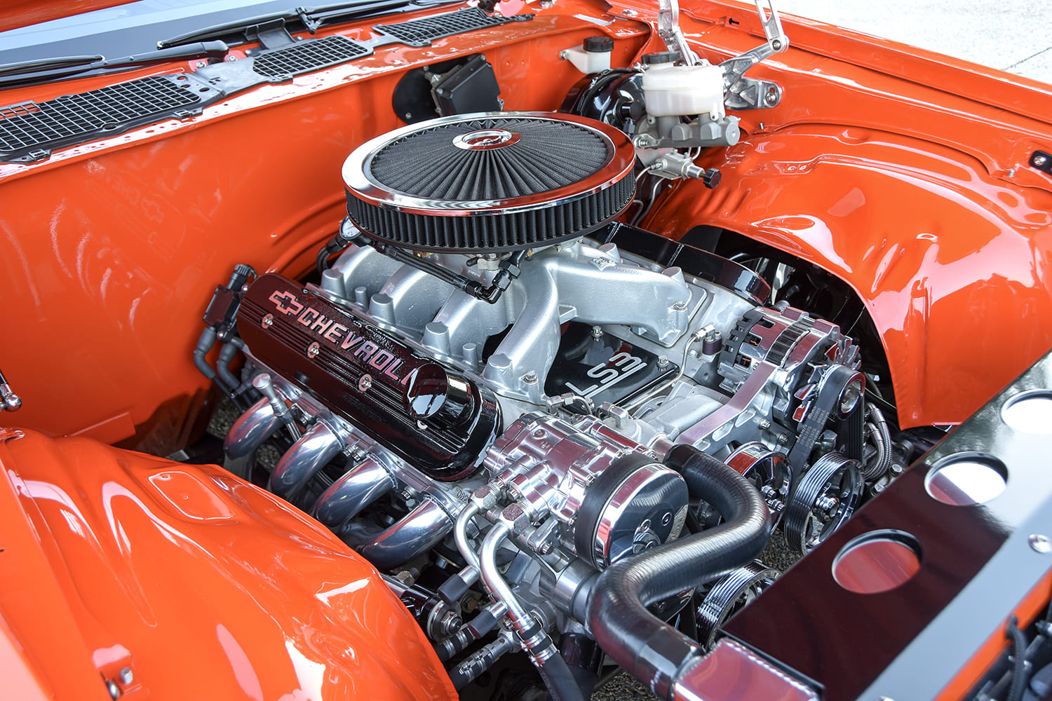 1970 chevrolet camaro Z28 custom ls3 engine bay polished intake headers high performance detail