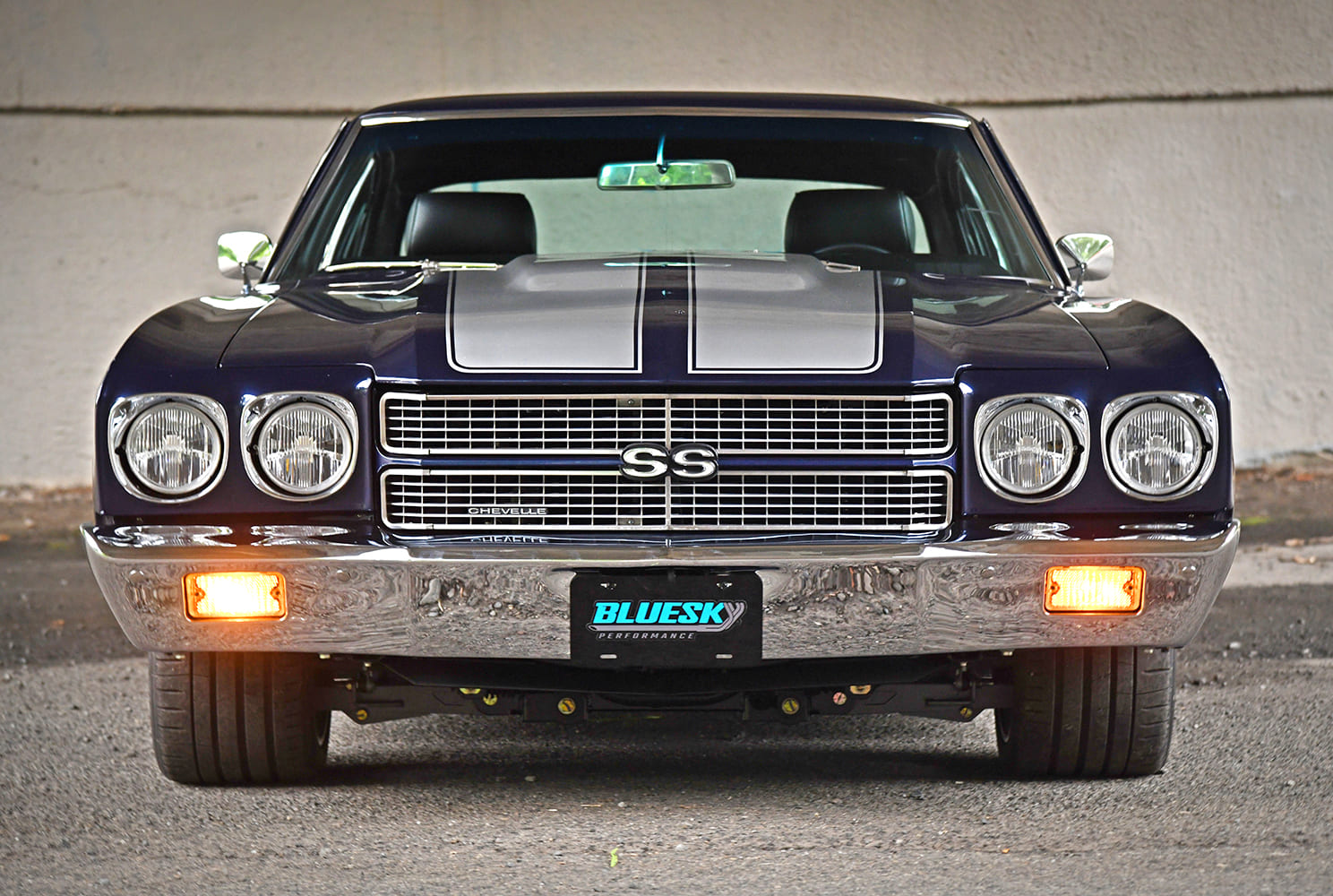 1970 Chevrolet Chevelle SS 396 blue pro touring front view SS grille quad headlights chrome bumper