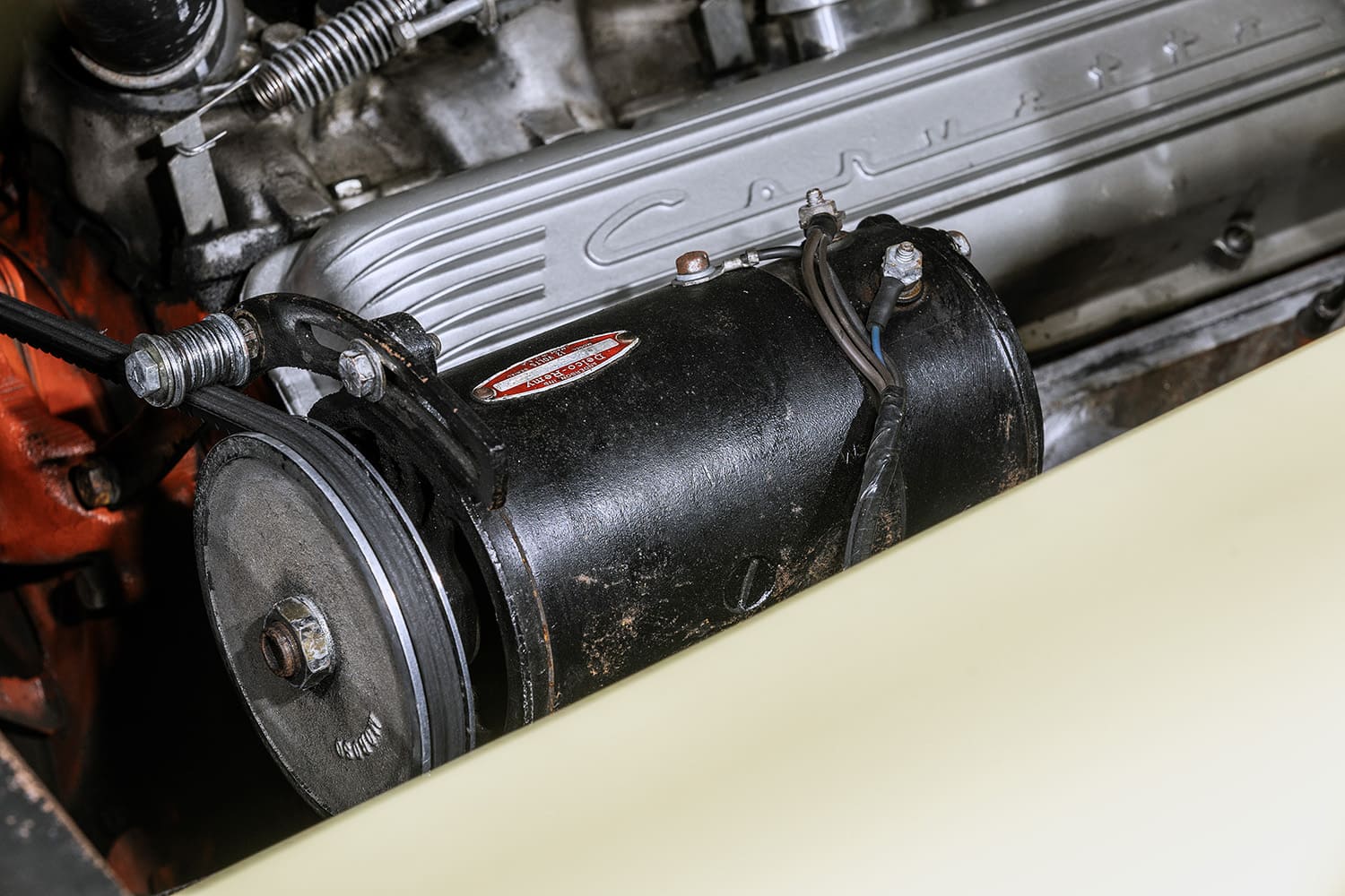 delco remy generator and valve cover detail vintage Chevrolet small block engine bay