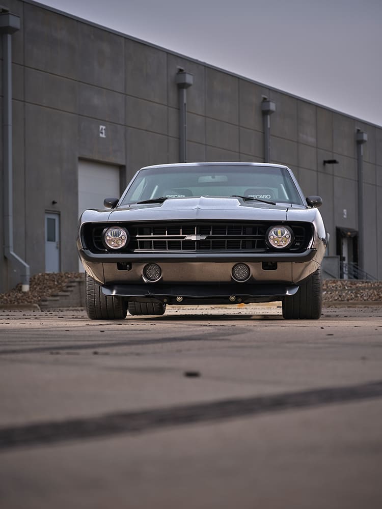 1969 Chevrolet Camaro custom front head on grille LED headlights aggressive pro touring stance