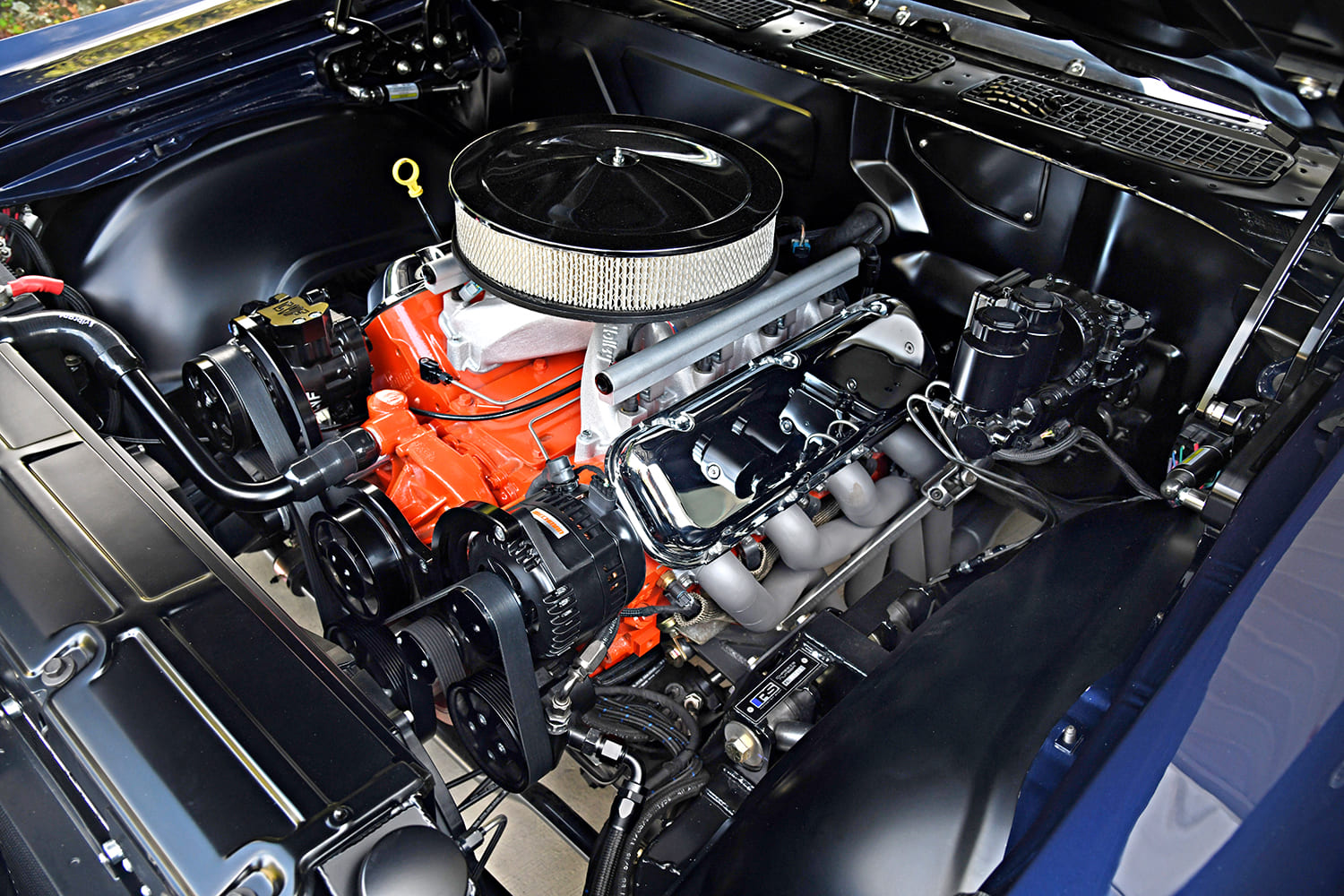 70 Chevelle SS 396 blue pro touring engine bay V8 detailed clean custom components