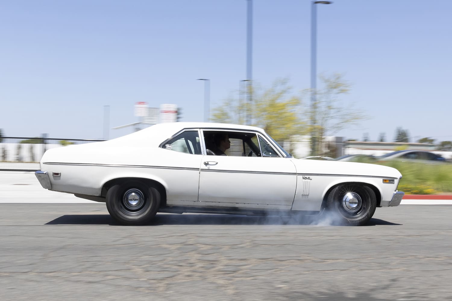 1969 chevrolet nova rolling brake test side profile tire smoke action