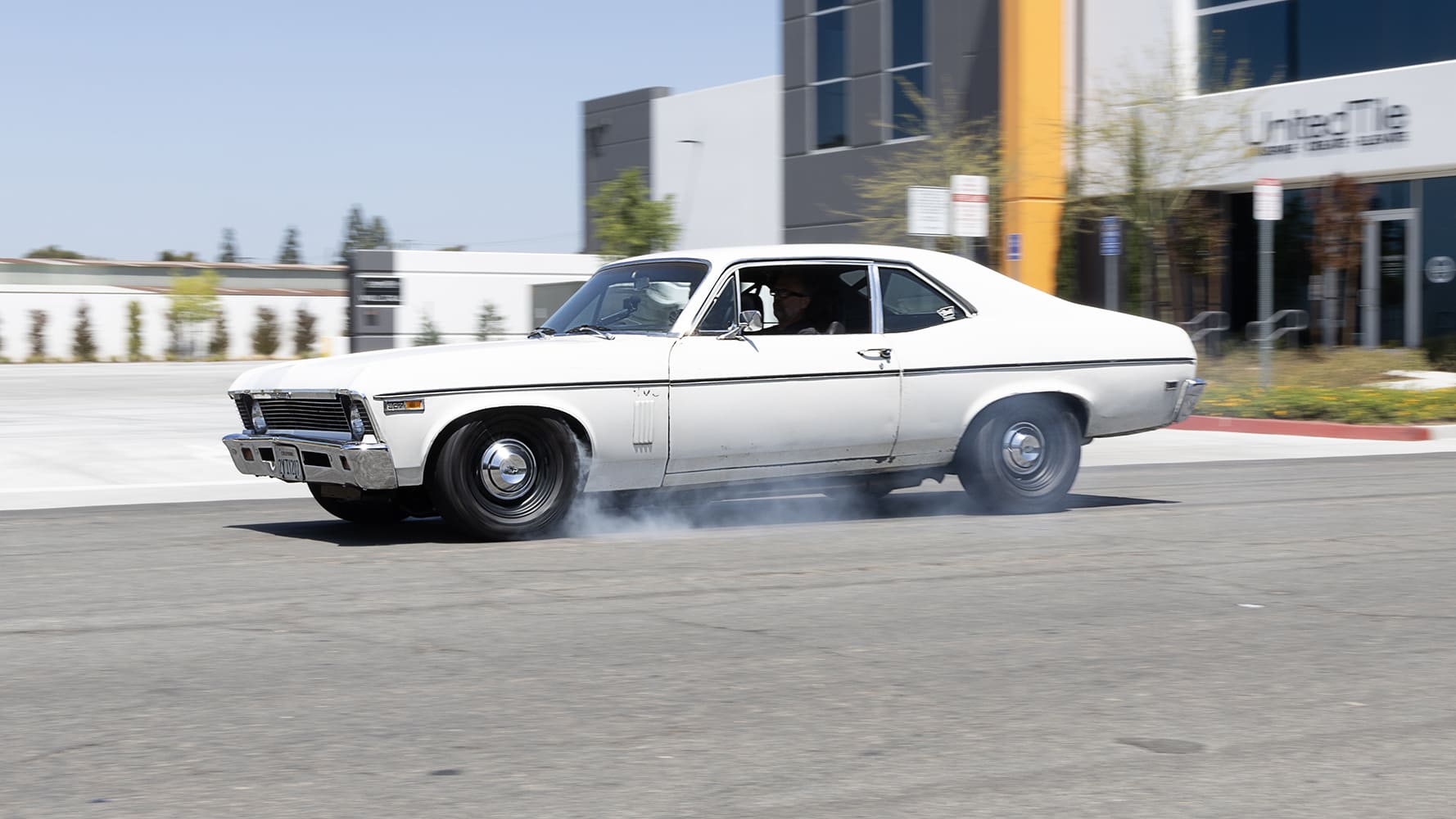 1969 chevrolet nova front three quarter rake test tire smoke street action