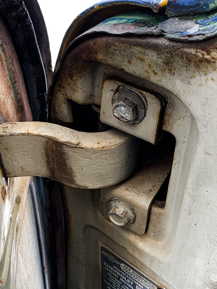 chevrolet 3100 original factory door hinge close up original hardware detail
