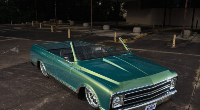 k5 blazer custom convertible pickup metallic green slammed air ride billet wheels front three quarter view