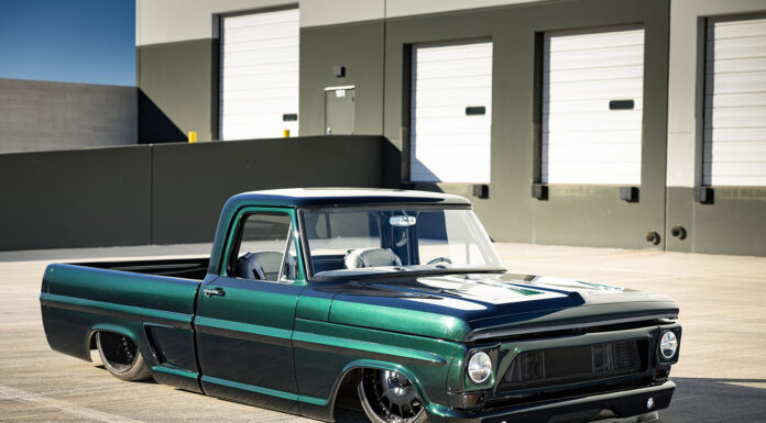 1967 Ford F100 custom lowered pickup metallic green paint blacked out grille air ride suspension