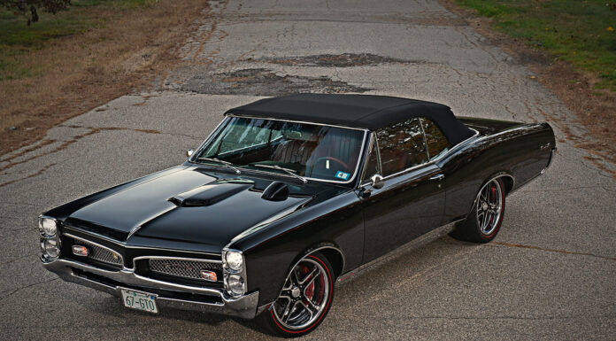 67 Pontiac GTO black custom convertible restomod front lowered stance