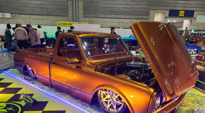 Mooneyes Events On Two Continents! Yokohama – Pomona 72 Chevrolet C10 custom slammed pickup truck metallic copper paint Mooneyes Xmas Show Japan
