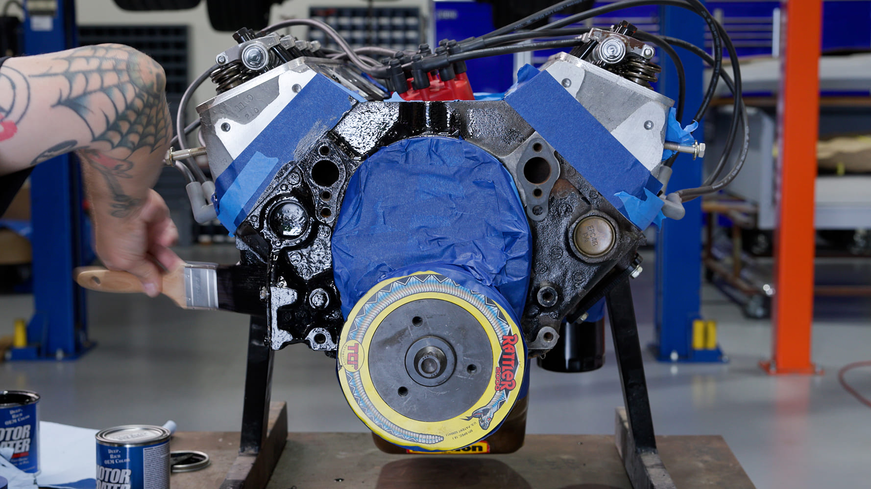 masking off engine block painting process black engine enamel motor coater brush application
