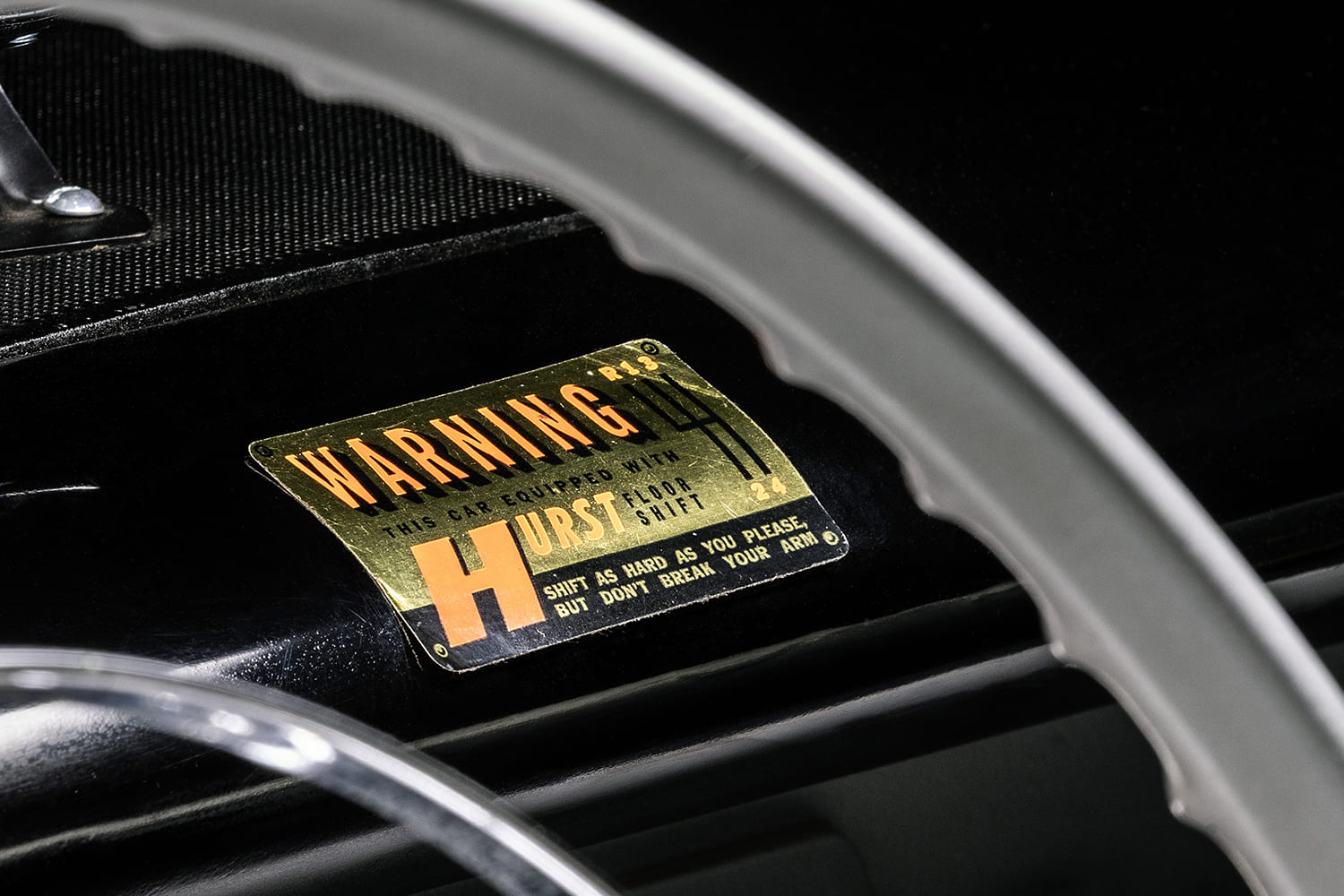 Hurst shifter warning dash decal vintage drag car interior detail