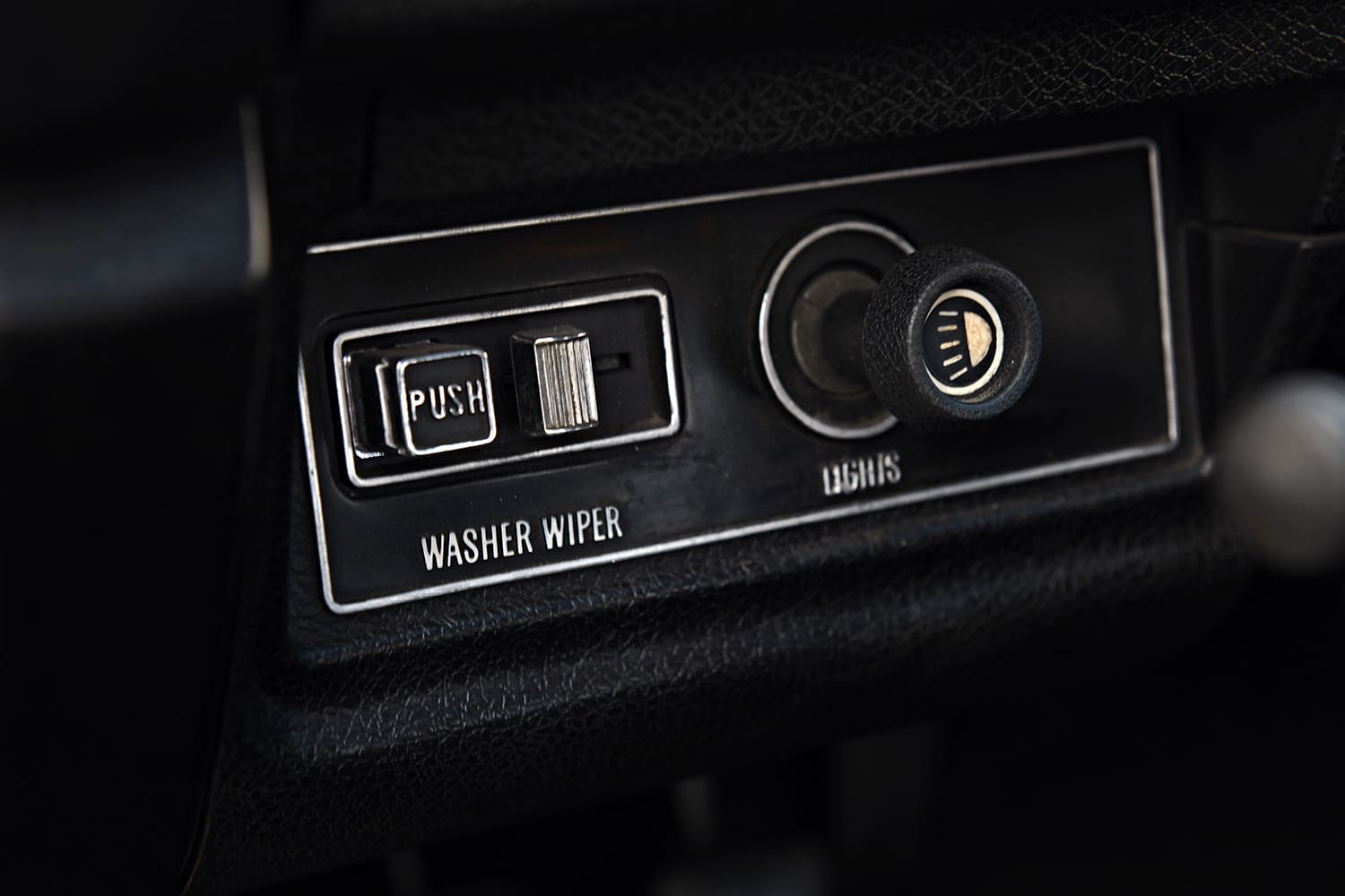 Vega custom drag car dashboard controls washer wiper switch lights knob detail