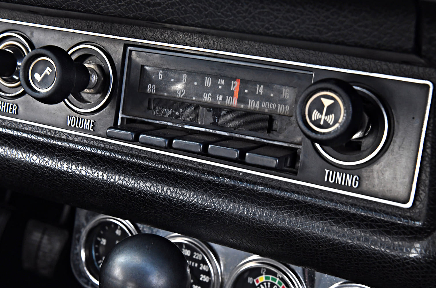 Vega custom drag car factory radio tuning dial vintage dash close up