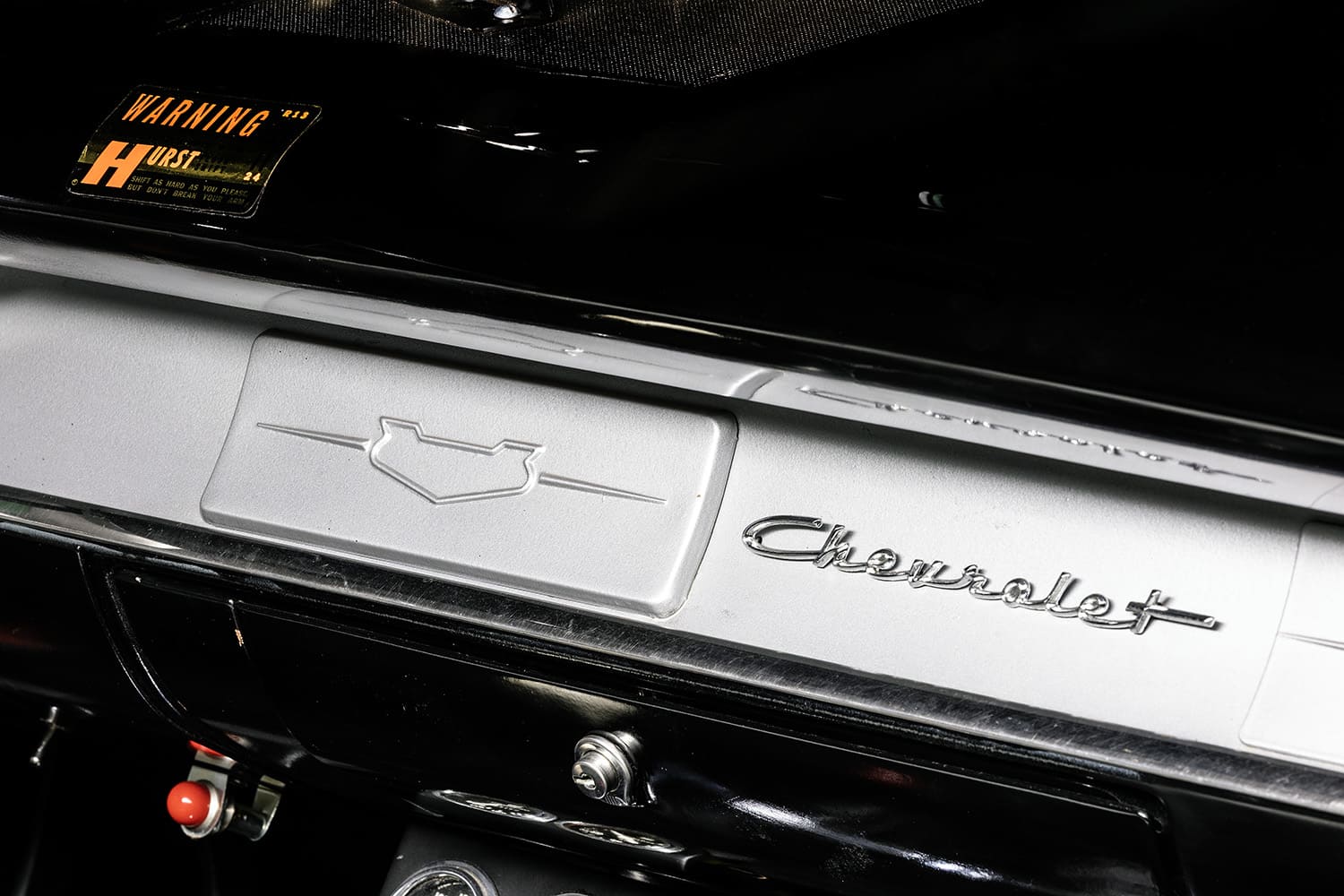 57 Chevy 210 dashboard script emblem glovebox classic 1950s interior styling